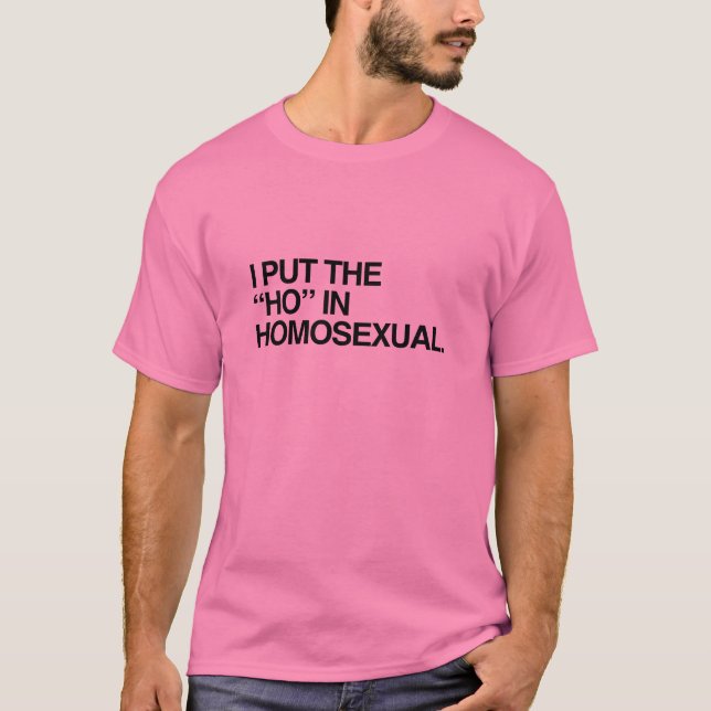 I PUT THE HO IN HOMOSEXUAL --.png T-Shirt (Front)