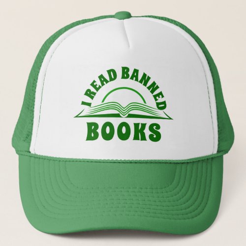 I rad banned book green text design trucker hat