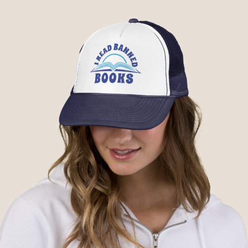 I read banned book blue text design trucker hat