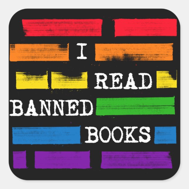 I Read Banned Books Rainbow Redacted Square Sticker (Front)