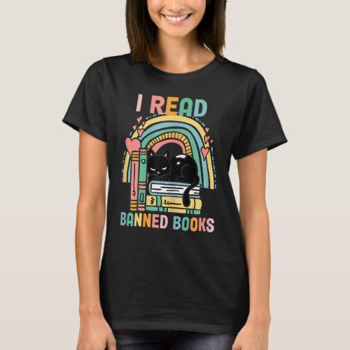 I Read Banned Books T Women Bookworm Black Cat Rea T_Shirt