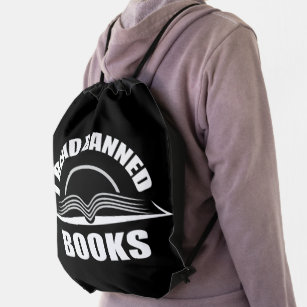 I read banned books-White text design Drawstring Bag