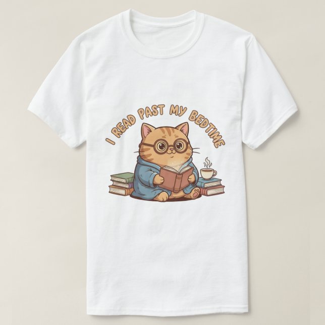 I Read Past My Bedtime Cute Reading Cat T-Shirt (Design Front)