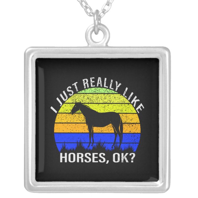I Really Like Horses in Blue and Yellow   Silver Plated Necklace (Front)
