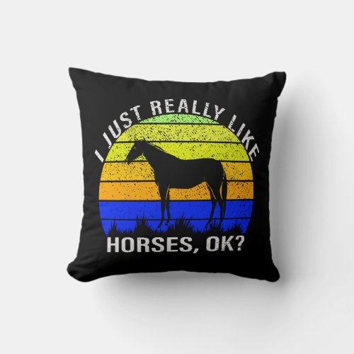 I Really Like Horses in Blue and Yellow   Throw Pillow