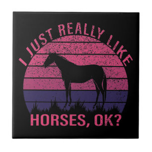 I Really Like Horses in Pink and Deep Purple Ceramic Tile