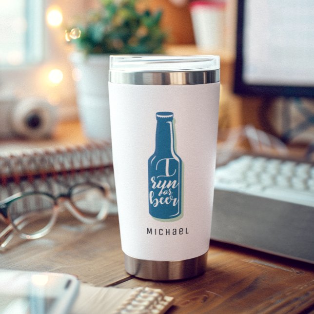 I Run For Beer Fitness Humor Blue Bottle Insulated Tumbler (Creator Uploaded)