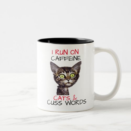 I RUN ON CAFFEINE CATS  CUSS WORDS Two_Tone COFFEE MUG