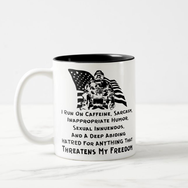 I Run On Caffeine, Sarcasm, Inappropriate Humor An Two-Tone Coffee Mug (Left)