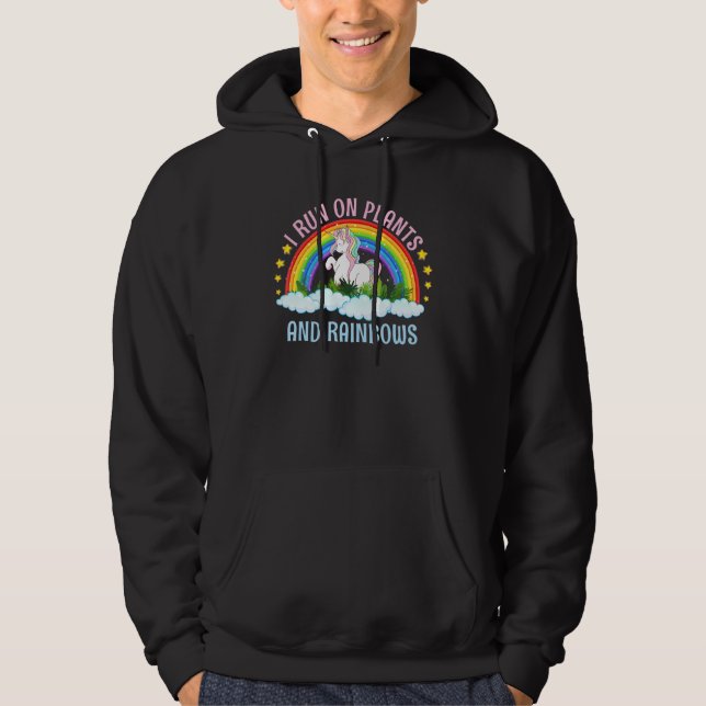 I Run On Plants And Rainbows Vegans Cute Unicorn V Hoodie (Front)