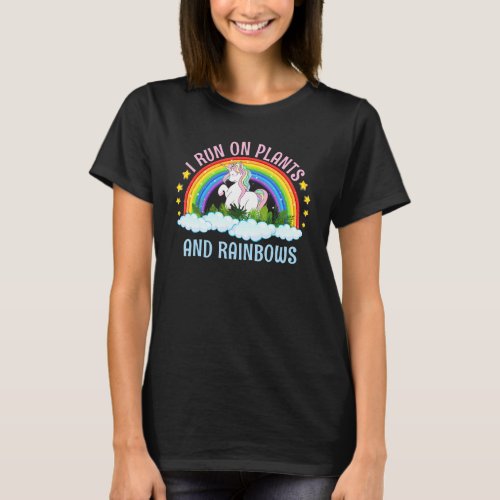 I Run On Plants And Rainbows Vegans Cute Unicorn V T_Shirt