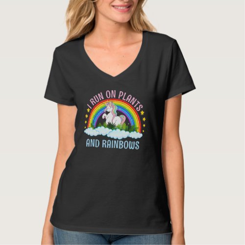 I Run On Plants And Rainbows Vegans Cute Unicorn V T_Shirt