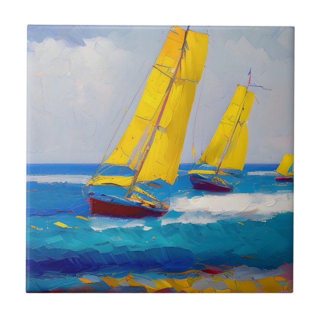 "I saw three boats" Seascape Ceramic Tile (Front)