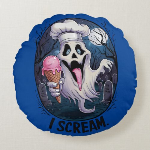 I Scream Funny Ghost Chef Halloween Ice Cream  Round Pillow