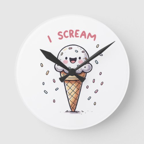 I Scream Ice Cream Cone with Sprinkles Round Clock