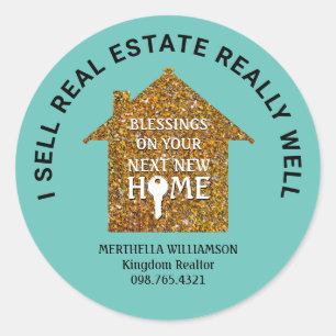 I SELL REAL ESTATE Stylish Teal Glitter Realtor Classic Round Sticker