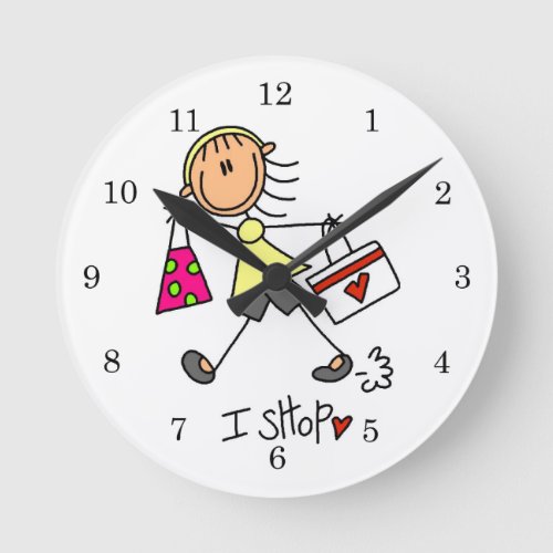 I Shop Stick Figure Girl Round Clock