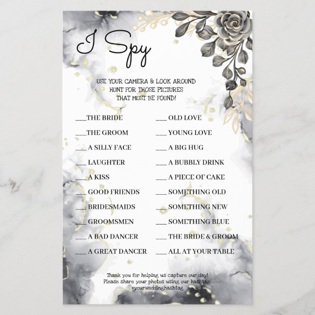 I Spy Black Roses Wedding Reception Game Card Flyer (Front)