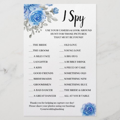 I Spy Blue Flowers Wedding Reception Game Card Flyer