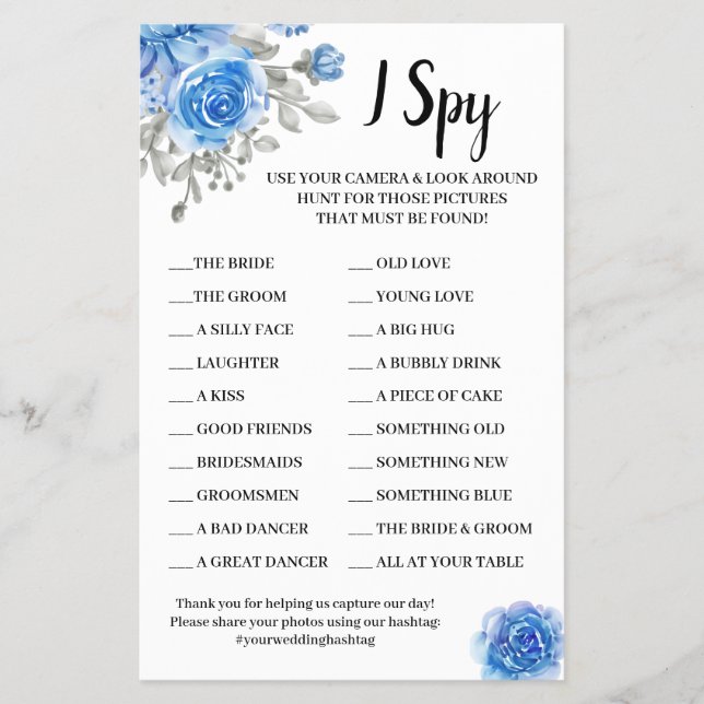 I Spy Blue Flowers Wedding Reception Game Card Flyer (Front)
