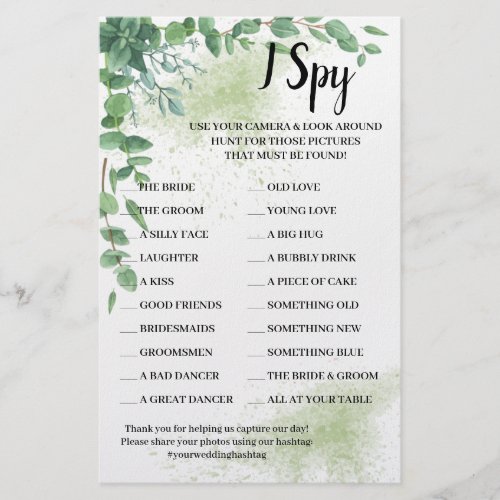 I Spy Eucalyptus Wedding Reception Game Card Flyer