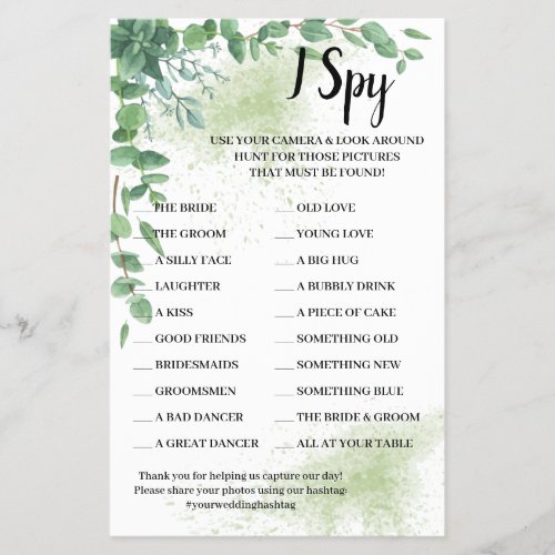 I Spy Eucalyptus Wedding Reception Game Card Flyer
