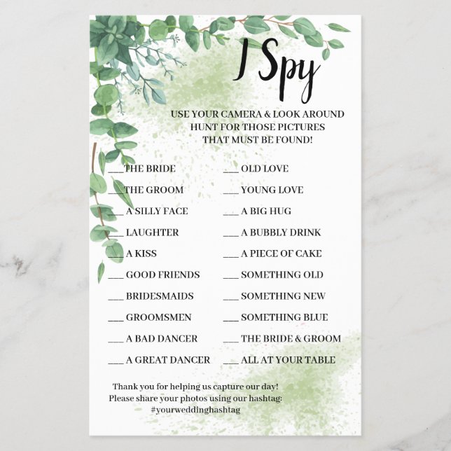 I Spy Eucalyptus Wedding Reception Game Card Flyer (Front)