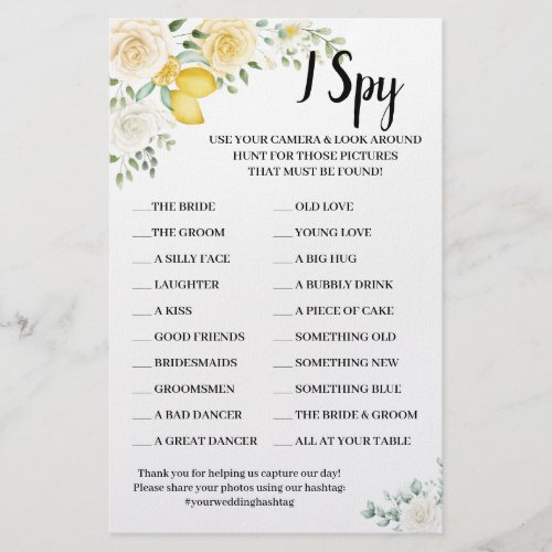 I Spy Lemons  Roses Wedding Reception Game Card Flyer