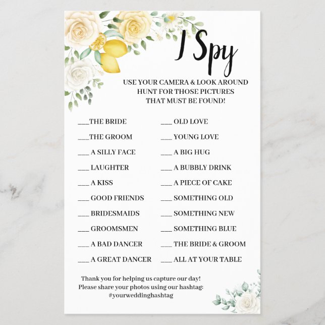 I Spy Lemons & Roses Wedding Reception Game Card Flyer (Front)