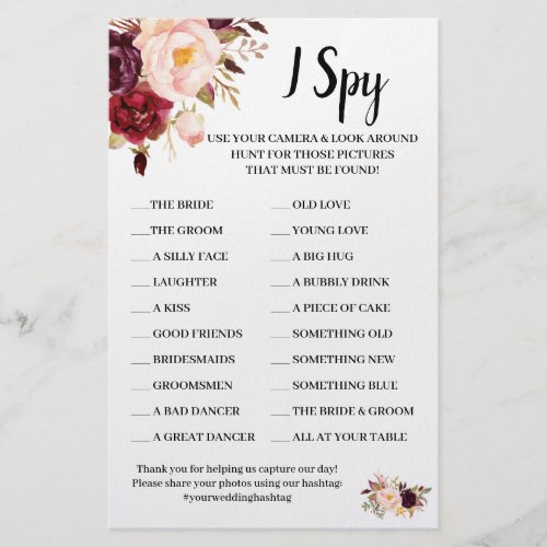I Spy Marsala Flowers Wedding Reception Game Card Flyer