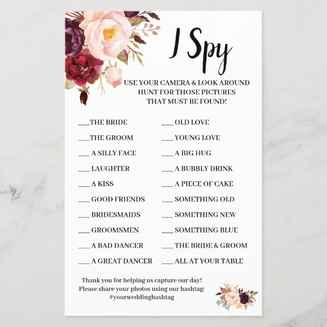 I Spy Marsala Flowers Wedding Reception Game Card Flyer (Front)