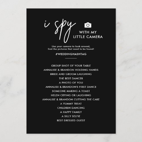 I Spy Photo Hunt Black Wedding Game Menu