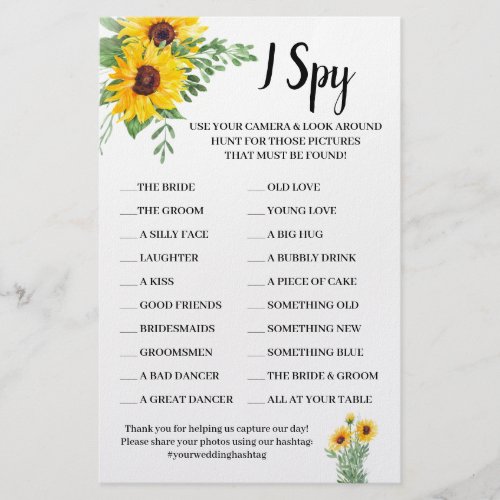 I Spy Sunflowers Wedding Reception Game Card Flyer