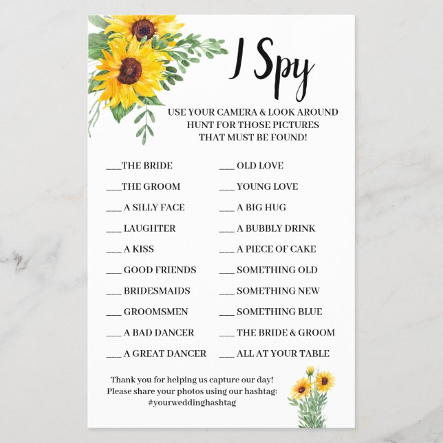 I Spy Sunflowers Wedding Reception Game Card Flyer (Front)