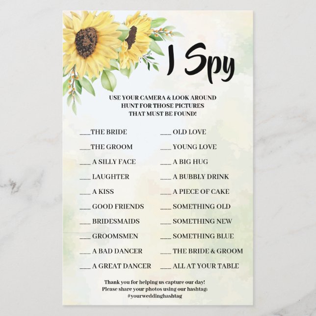 I Spy Sunflowers Wedding Reception Game Card Flyer (Front)