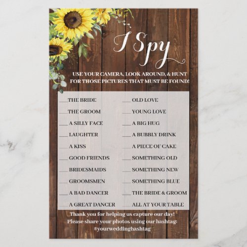 I Spy Sunflowers Western Wedding Party Game Card Flyer