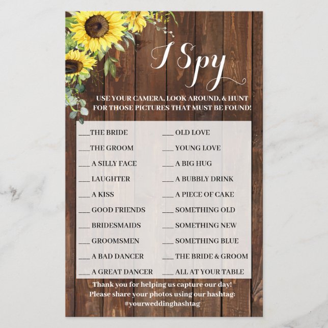 I Spy Sunflowers Western Wedding Party Game Card Flyer (Front)