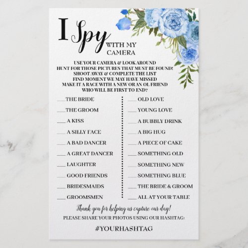I Spy Wedding Reception Blue Flowers Game Card Flyer