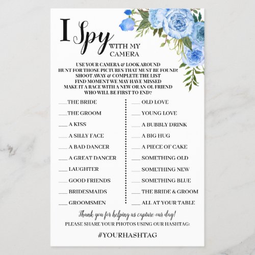 I Spy Wedding Reception Blue Flowers Game Card Flyer