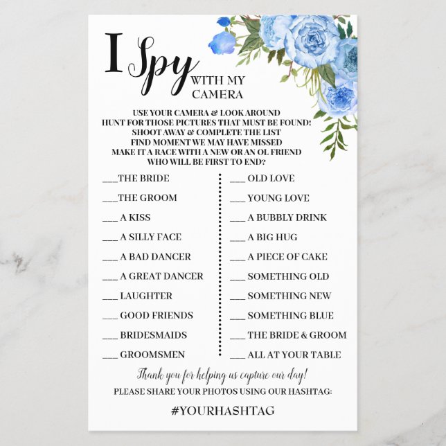 I Spy Wedding Reception Blue Flowers Game Card Flyer (Front)