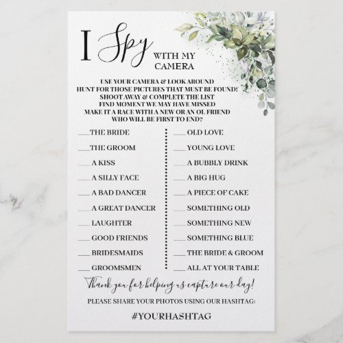 I Spy Wedding Reception Eucalyptus Game Card Flyer