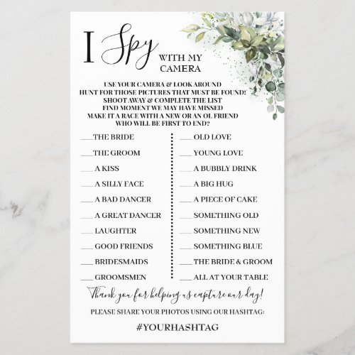 I Spy Wedding Reception Eucalyptus Game Card Flyer