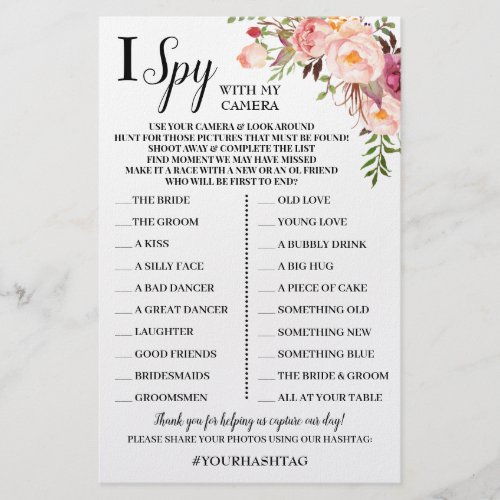 I Spy Wedding Reception Pink Flowers Game Card Flyer