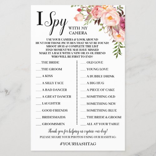 I Spy Wedding Reception Pink Flowers Game Card Flyer