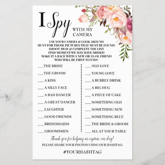 I Spy Wedding Reception Pink Flowers Game Card Flyer (Front)