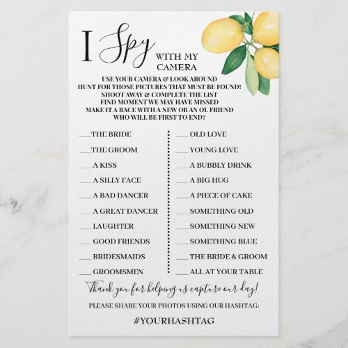 I Spy Wedding Reception Shower Lemons Game Card Flyer