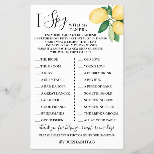 I Spy Wedding Reception Shower Lemons Game Card Flyer