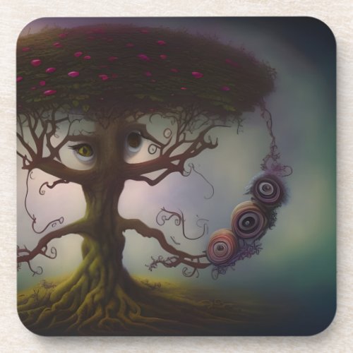 I Spy With My Big Eye _ Surreal Tree AI Art Beverage Coaster