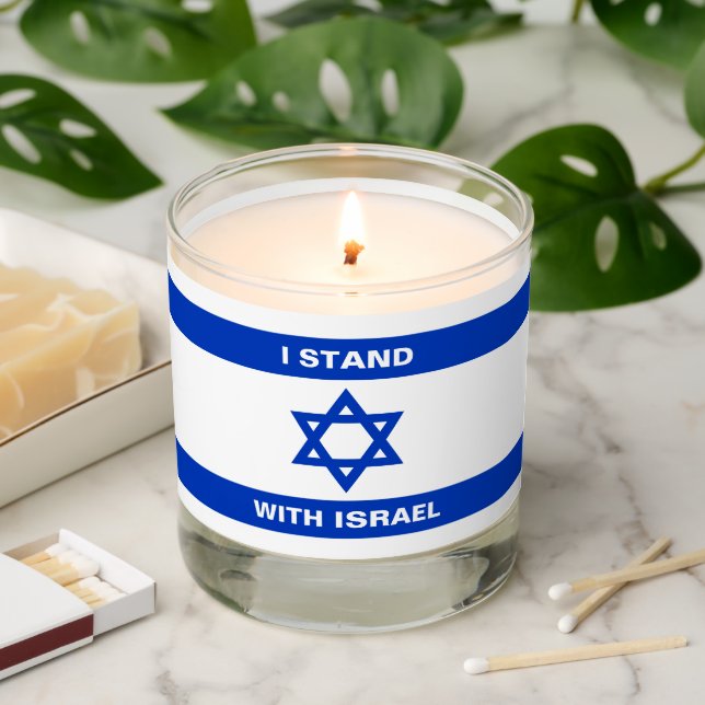 I stand with Israel custom white text Israel flag Scented Candle (Lit)