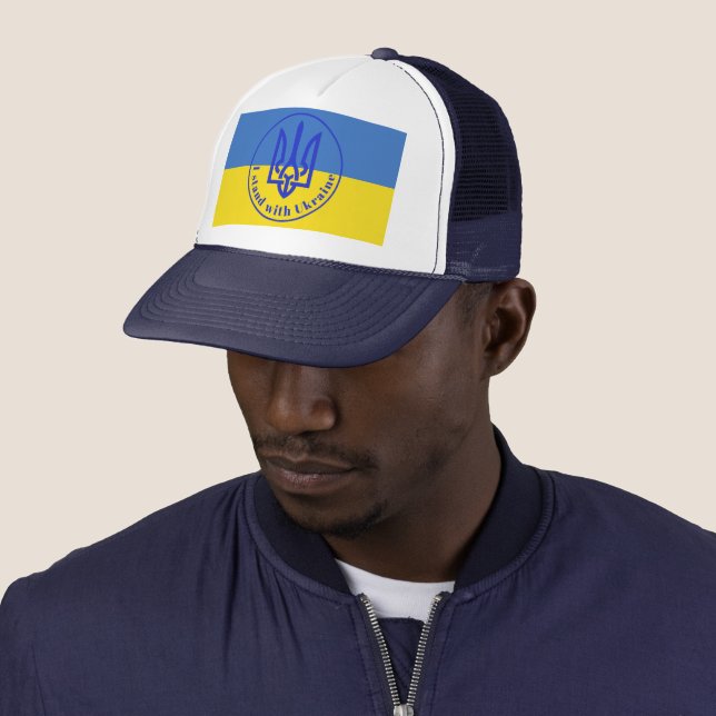 I Stand with Ukraine Blue Yellow Trident Trucker H Trucker Hat (In Situ)